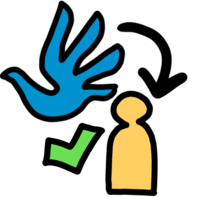 the human rights emblem (a blue handprint shaped like a dove) with a yellow figure, which has a green checkmark to the left of it, below it. an arrow points from the human rights emblem to the figure.